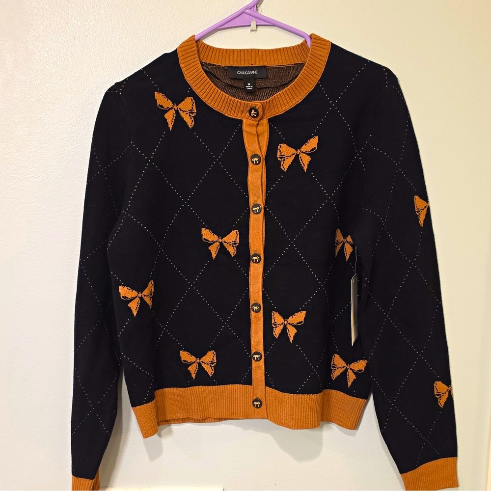 Calligraphie Women's Black Brown Knit Crew Neck Bow Cardigan Sweater M #132